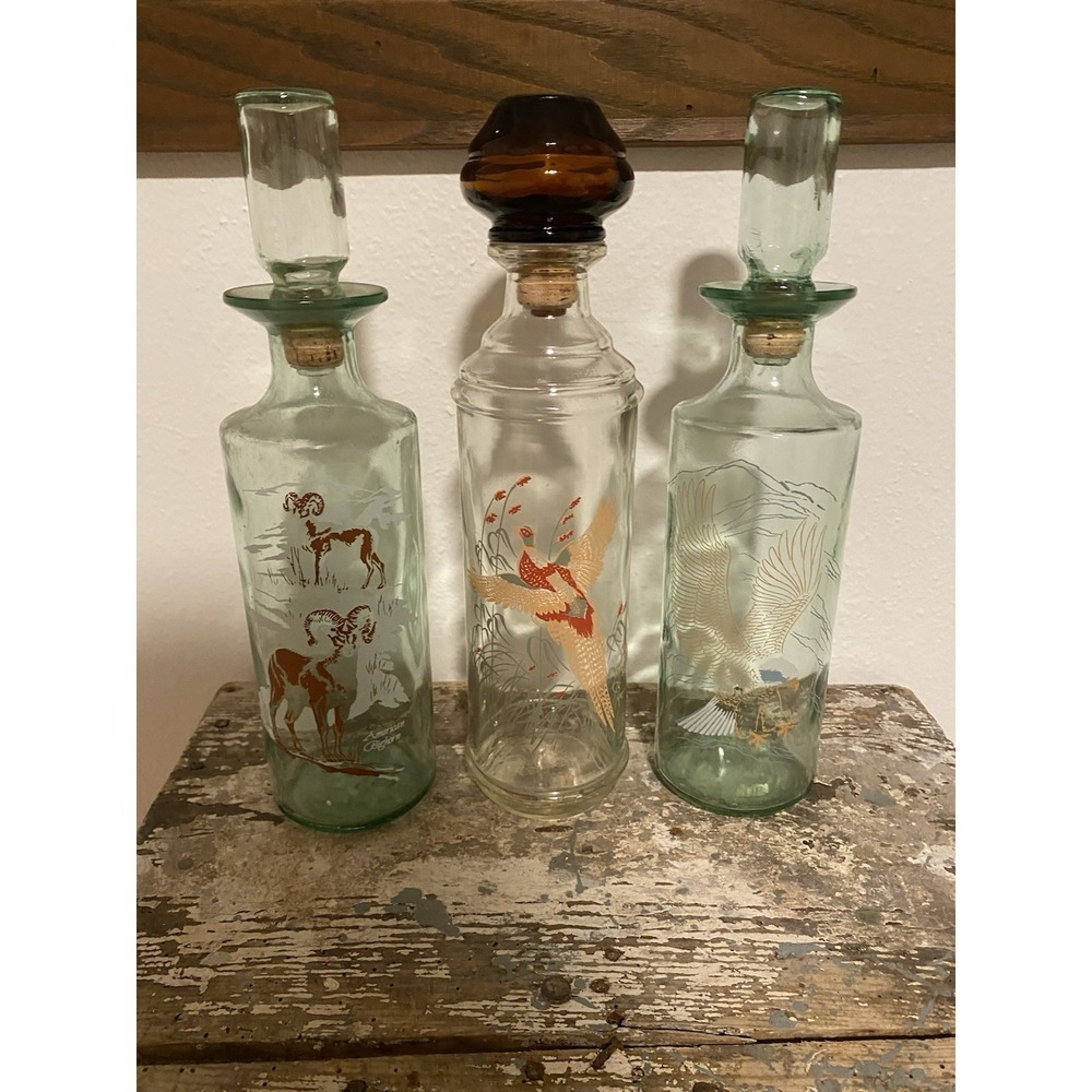 Vintage Old Fitzgerald Bourbon Whiskey Wildlife Decanters Bottles Set Of 3